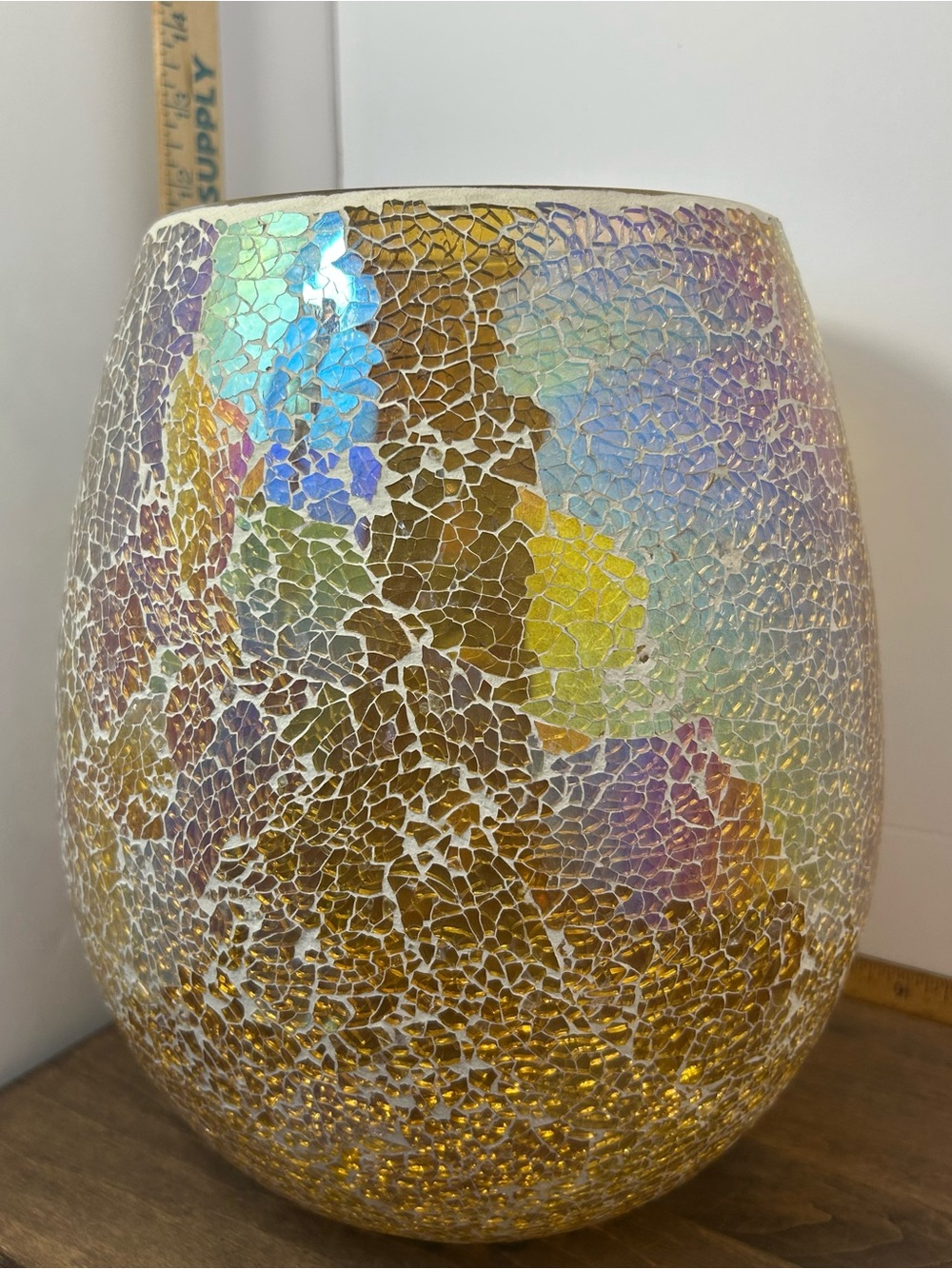 PartyLite Iridescent Crackle Glass Vase - Gold and Multi-Color Large 10.5” x 8”